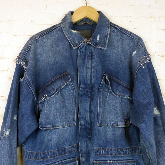 Zara Man 1975 Denim Field Jacket Men L Blue Utility Distress Embellished Grunge - Picture 4 of 14